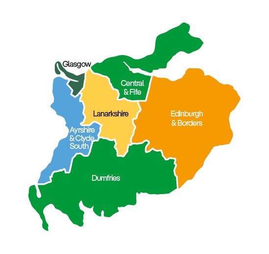 Map showing the SP Distribution licence area, which includes Glasgow, Central & Fife, Edinburgh & Borders, Dumfries, Ayrshire & Clyde South, Lanarkshire, and Glasgow.