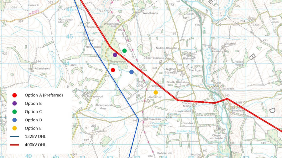 Gala North Site Location Options, A to E. 132kV &amp; 400kV Overhead Lines