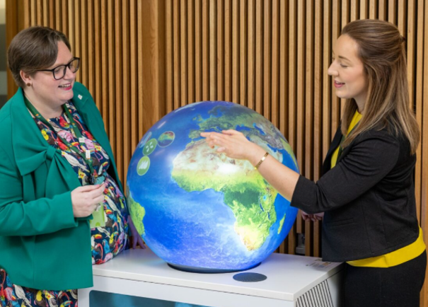 Globe and two people