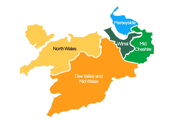 Map showing the SP Manweb licence area, which includes Merseyside, Wirral, Mid Cheshire, Dee Valley & Mid Wales, and North Wales