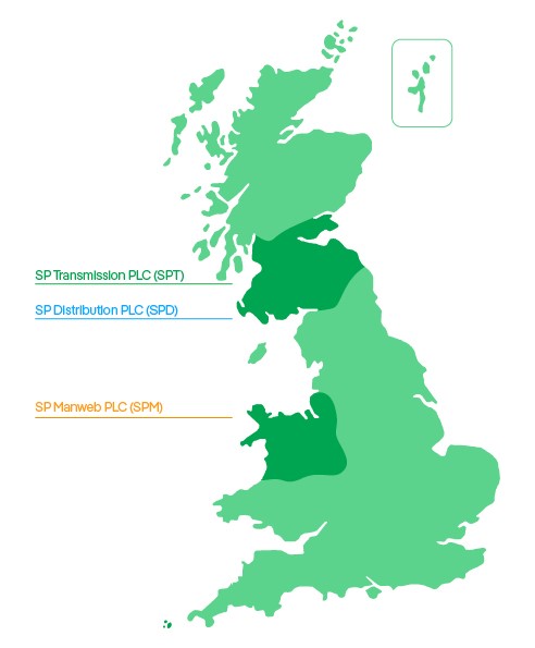 Map showing the three regulated businesses: SP Transmission PLC, SP Distribution PLC and SP Manweb PLC