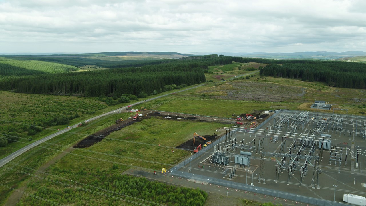 Aerial view of Cumnock substation with foundations being dug out for extension.