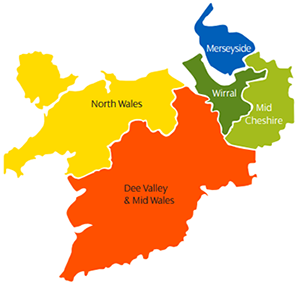 Map showing the SP Manweb licence area, which includes Merseyside, Wirral, Mid Cheshire, Dee Valley & Mid Wales, and North Wales